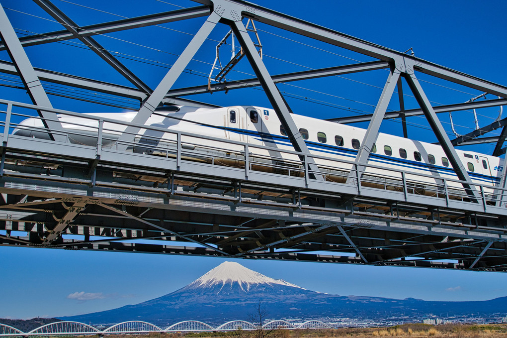 見上げる！東海道新幹線と富士山＠富士川橋梁