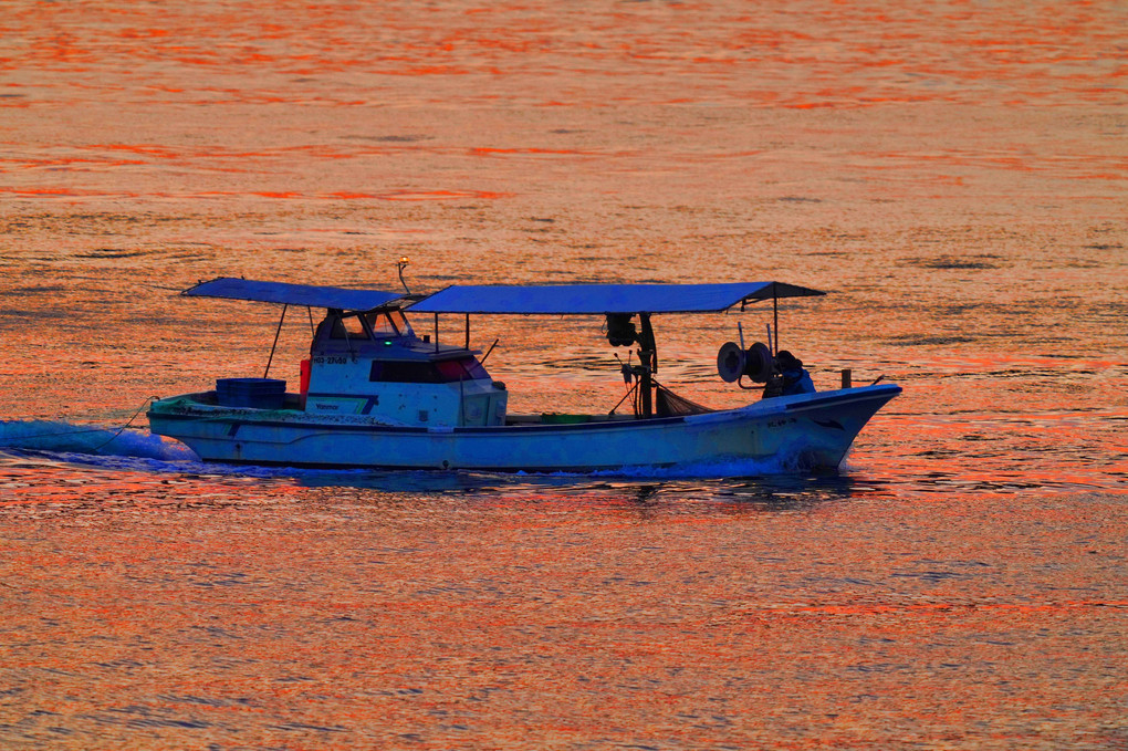 小型漁船の夕刻の漁