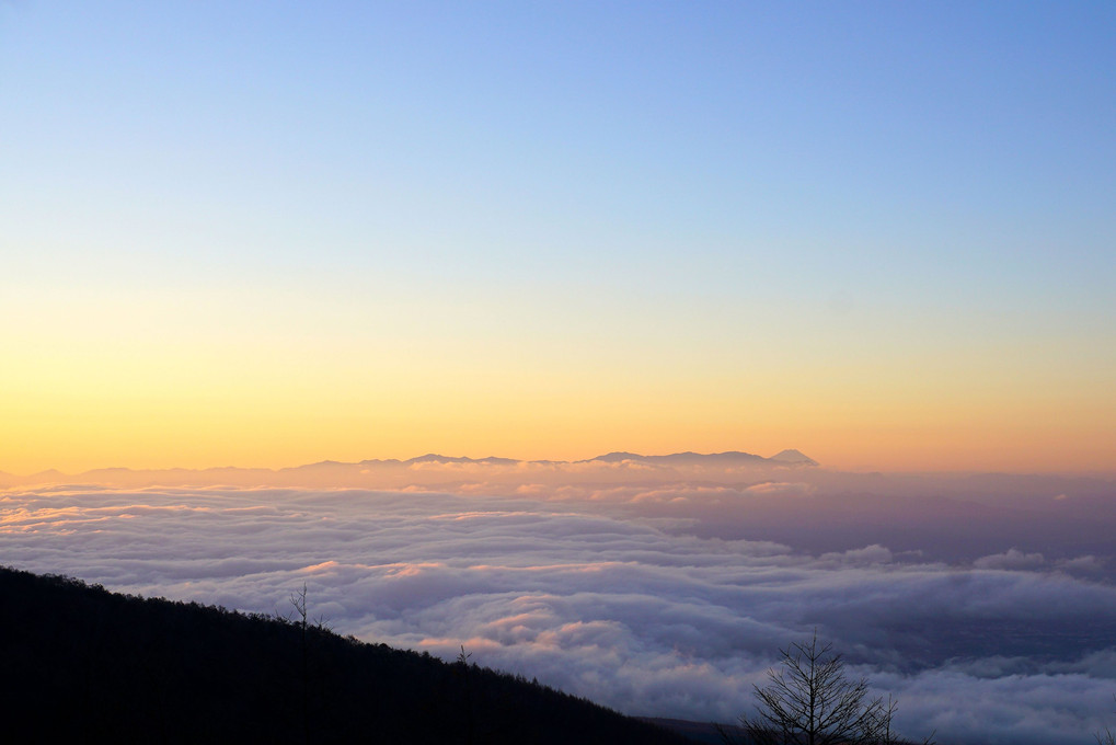 高峰高原・車坂峠付近から見た雲海。富士も顔を出しました。