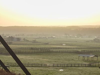 朝霧と馬産地の牧場