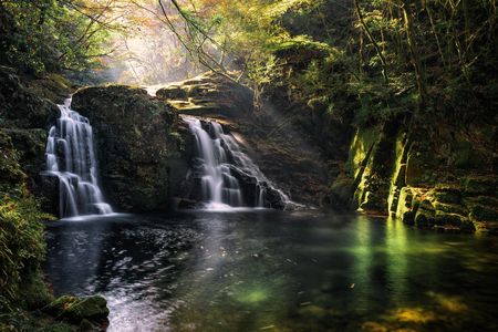 秋の陽光が差し込む赤目渓谷荷担滝