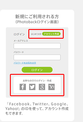 新規にご利用される方（Photobackログイン画面）「Facebook、Twitter、Google、Yahoo!」のIDを使って、アカウント作成もできます。