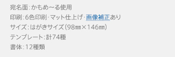 宛名面：かもめ～る使用、印刷：6色印刷・マット仕上げ、サイズ：はがきサイズ（98mm×146mm）、テンプレート：計74種、書体：12種類
