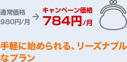 通常価格：980円/月→キャンペーン価格：784円/月　手軽に始められる、リーズナブルなプラン
