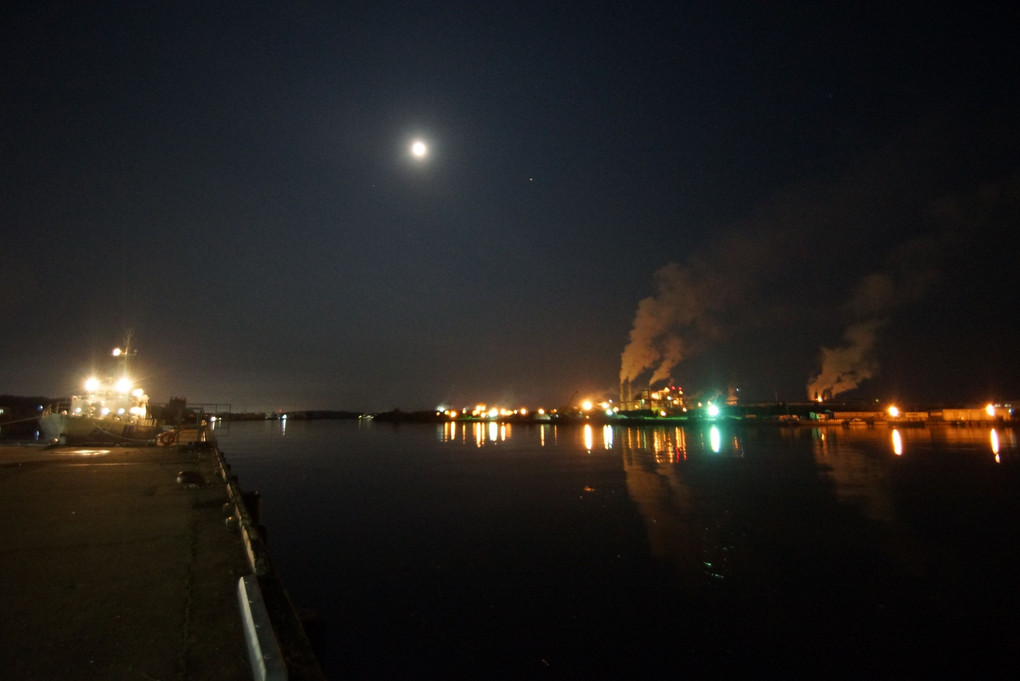 夜の港と月