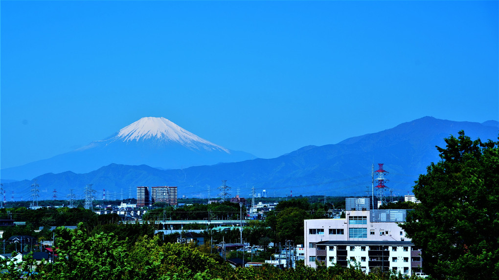 昨日の雷雨でクリヤーになった富士山　 上空にジャンボ機でしょうか？