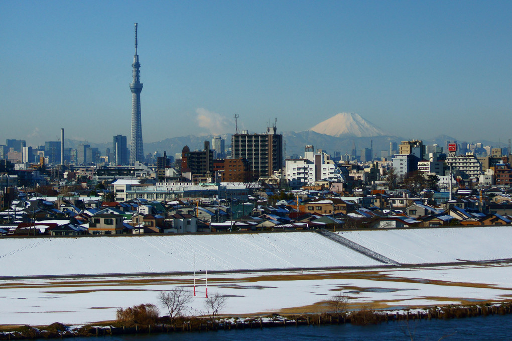 雪の東京と富士山