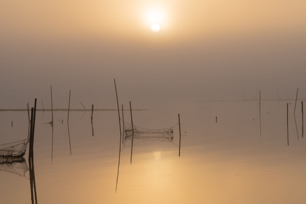 釣り船と朝霧
