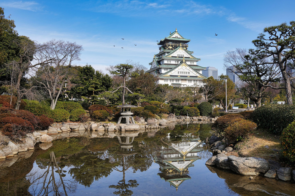 リフレクション大阪城に鳥の群れ