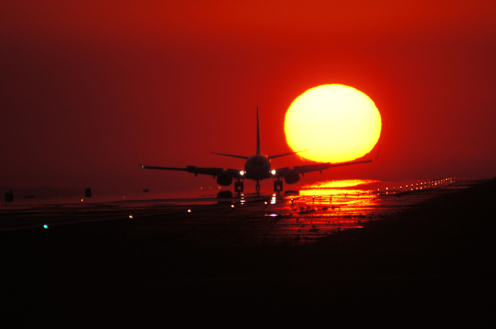 熊本空港夕日と飛行機