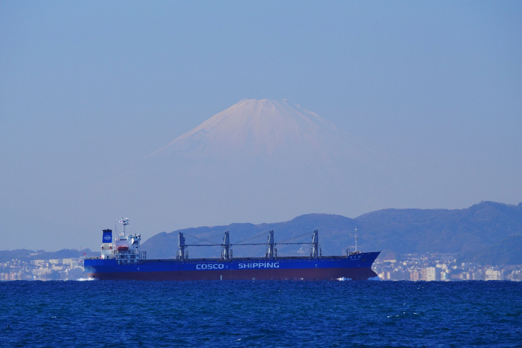 富士をバックに入港する貨物船