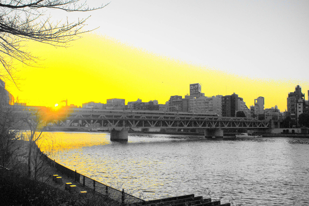 隅田川の夕日とスペーシア