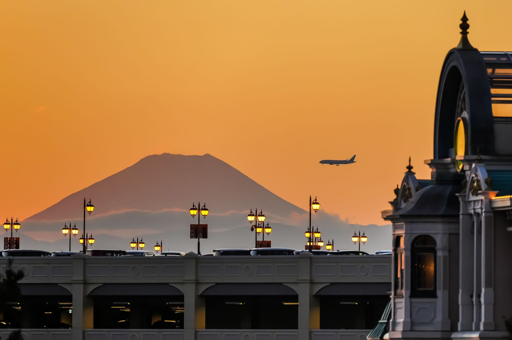 舞浜からの夕富士と羽田へ帰着するANA B787