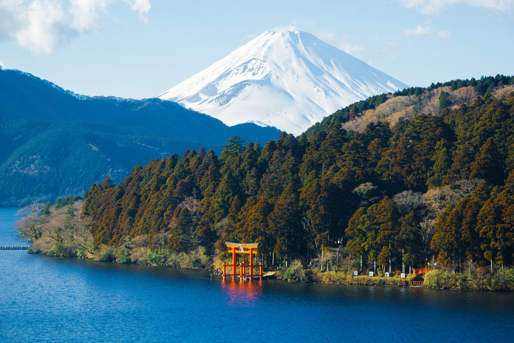 芦ノ湖と富士山と鳥居