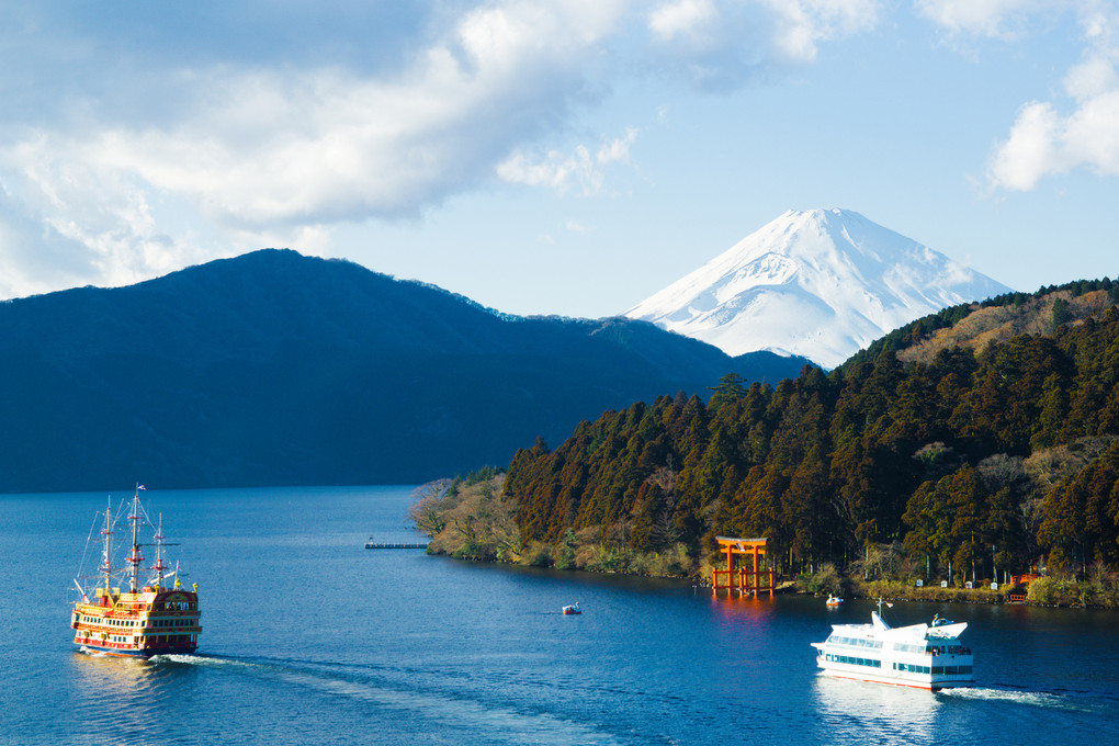 芦ノ湖と富士山と鳥居