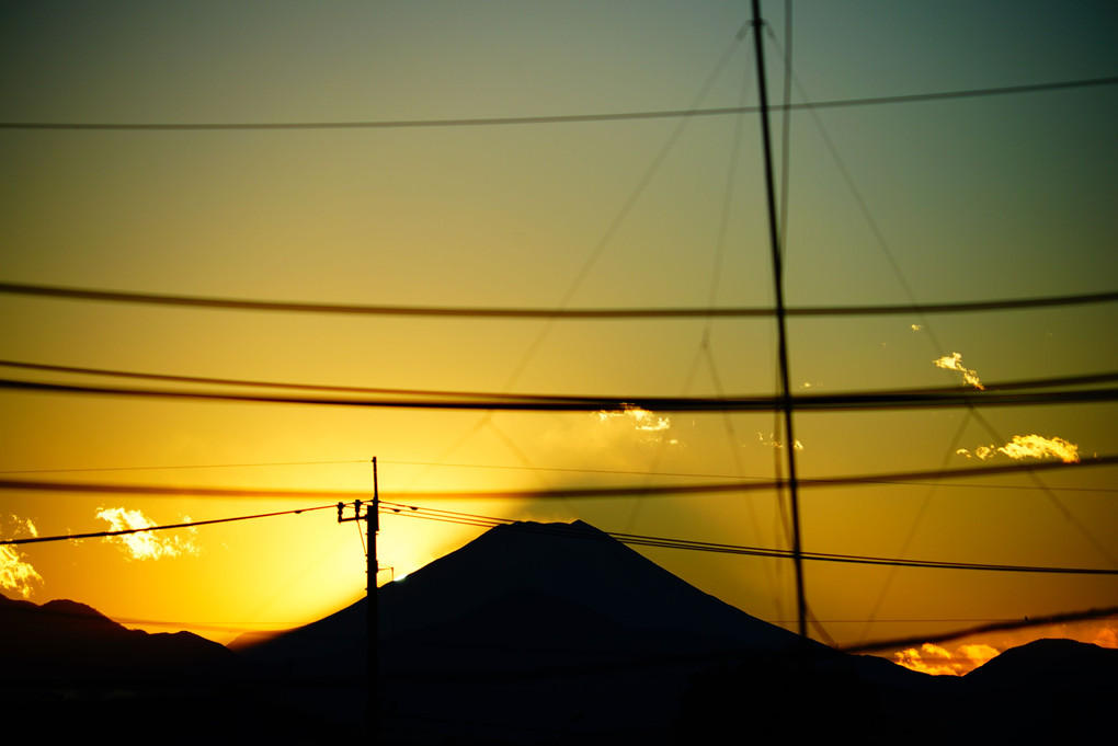 正月九日　わが家から見える富士山への日没   