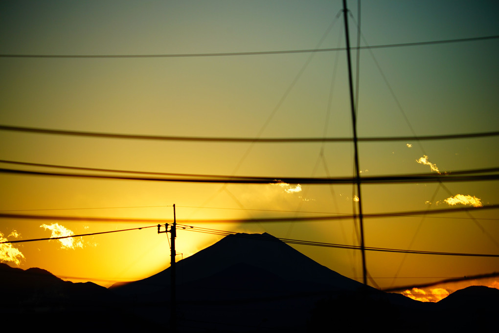 正月九日　わが家から見える富士山への日没   