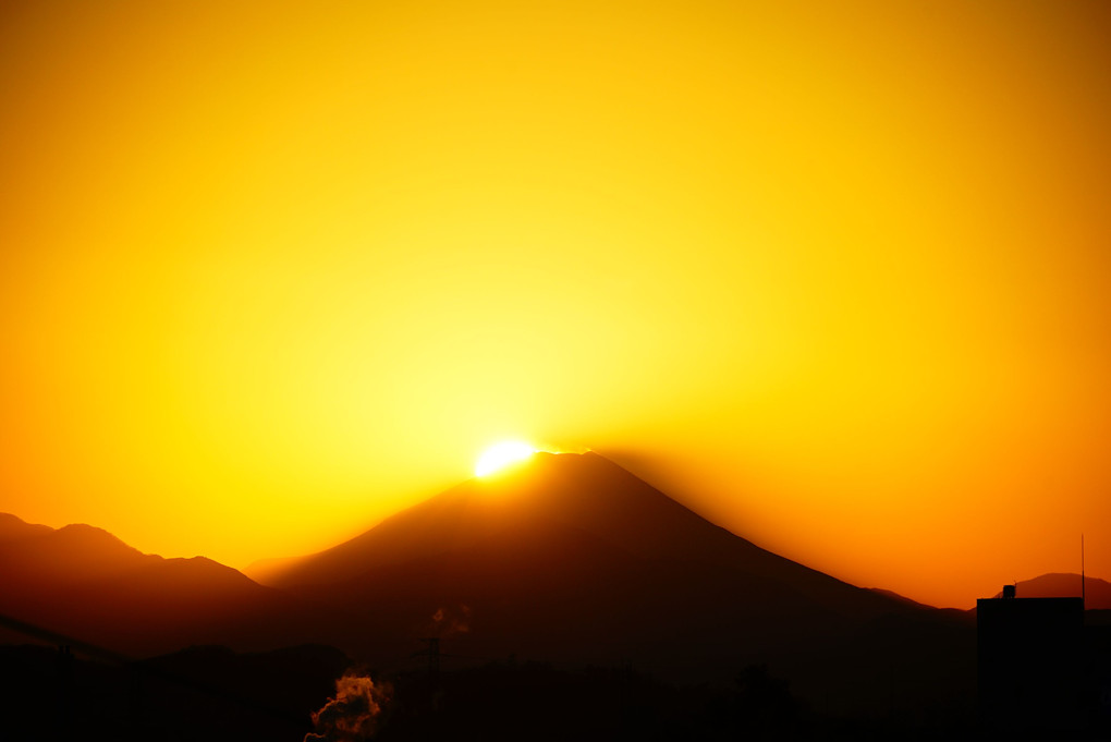 正月14日の富士山への日没  