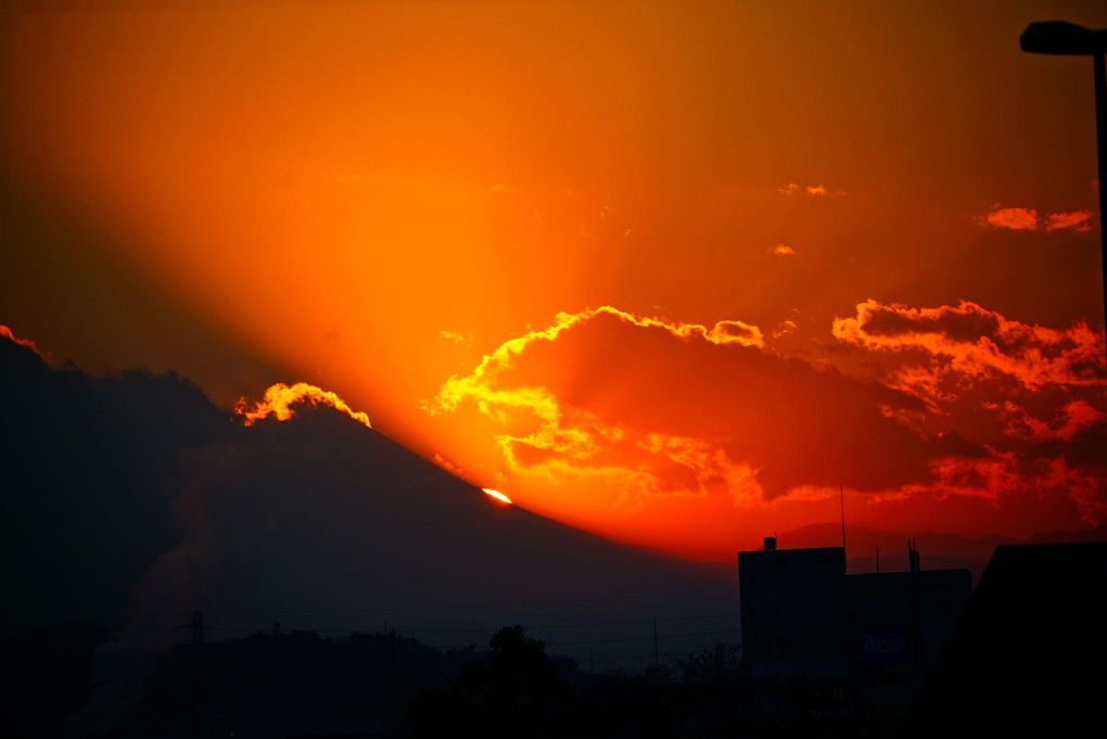正月18日の富士山への日没 