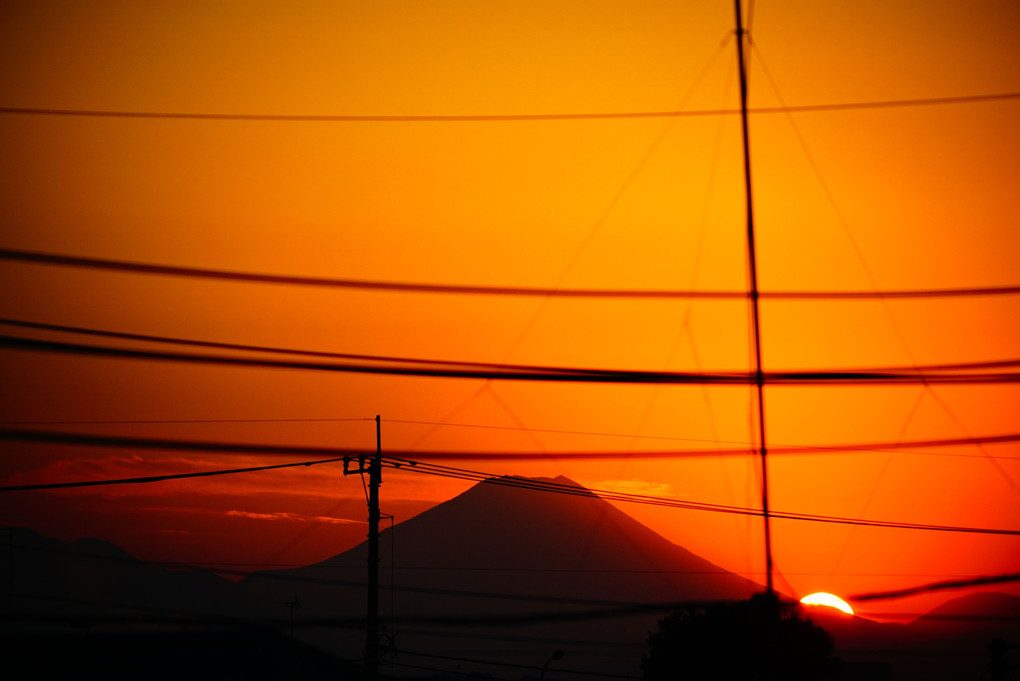 正月21日　わが家から見える富士山への日没