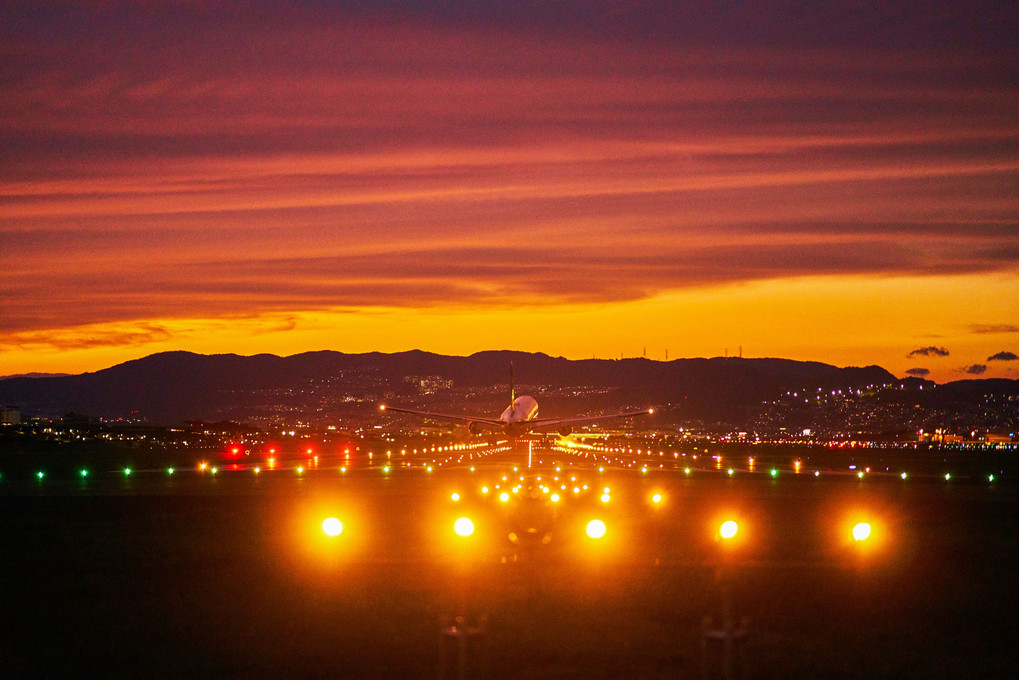 夕焼けの伊丹空港。お腹の映り込みが撮りたくて(*^▽^*)