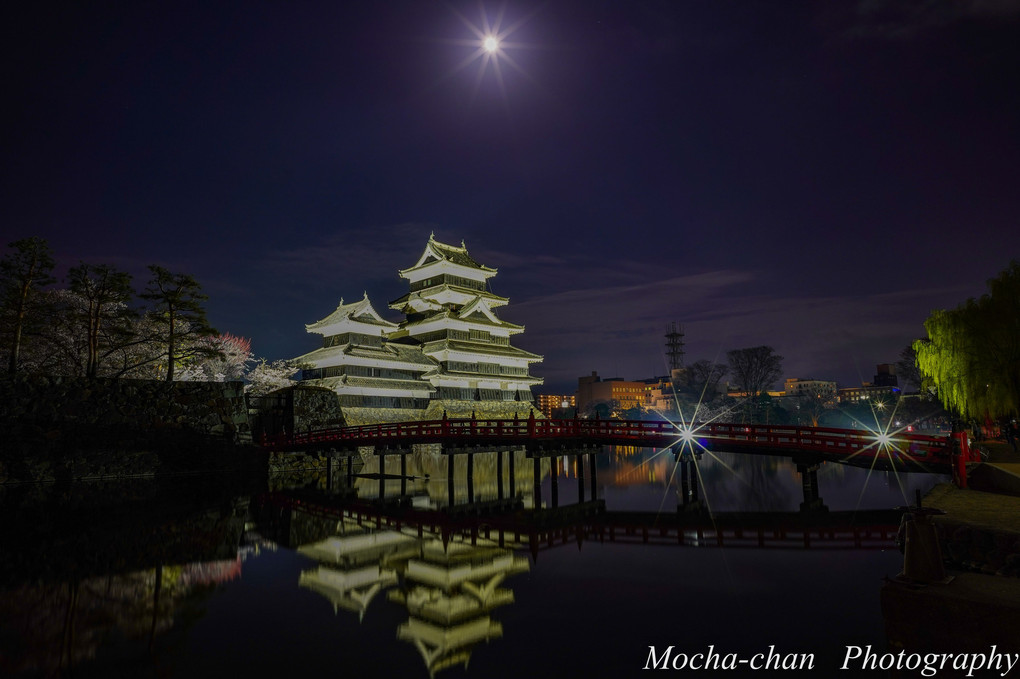 平成最後の満月と松本城と桜