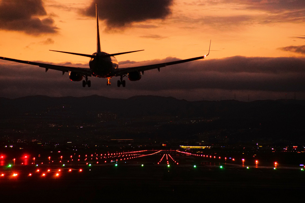 夕暮れに着陸する飛行機　大阪伊丹空港