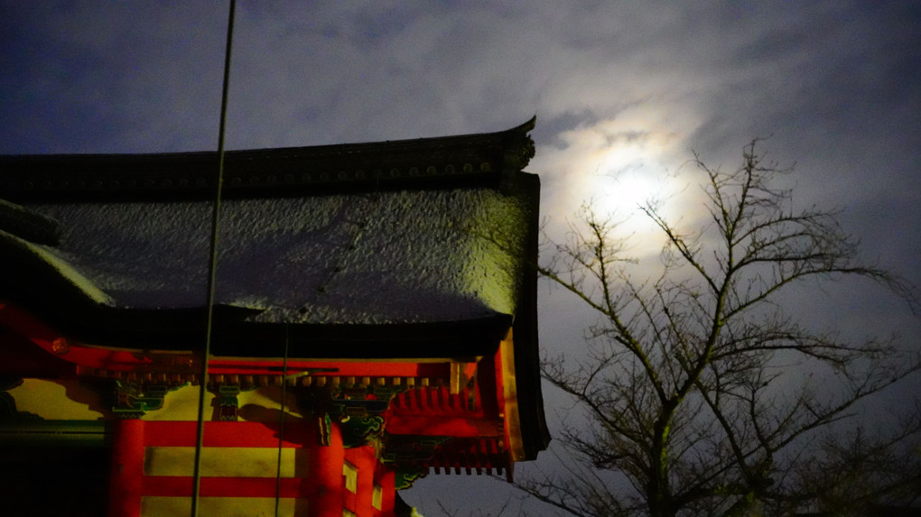 京の雪２　清水寺　有明の月　