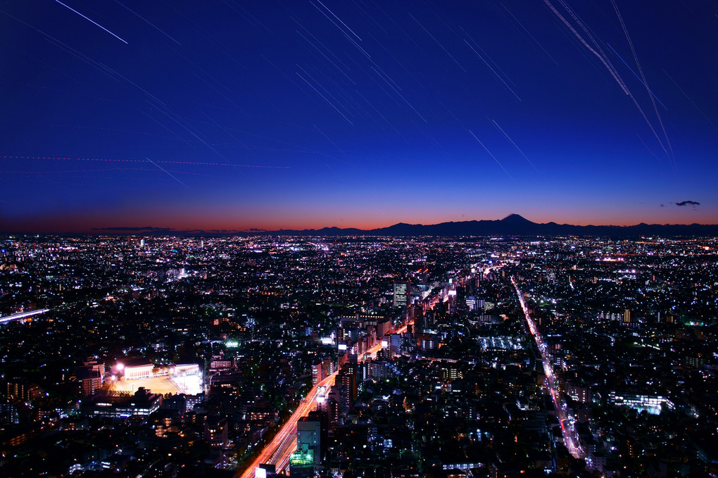 夕富士と星景