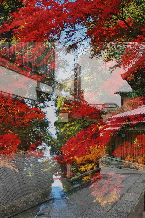 京の秋、石畳と紅葉、多重露光、