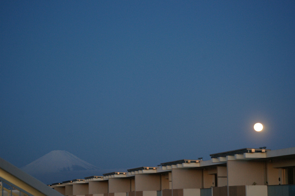 夜明け前の富士と月