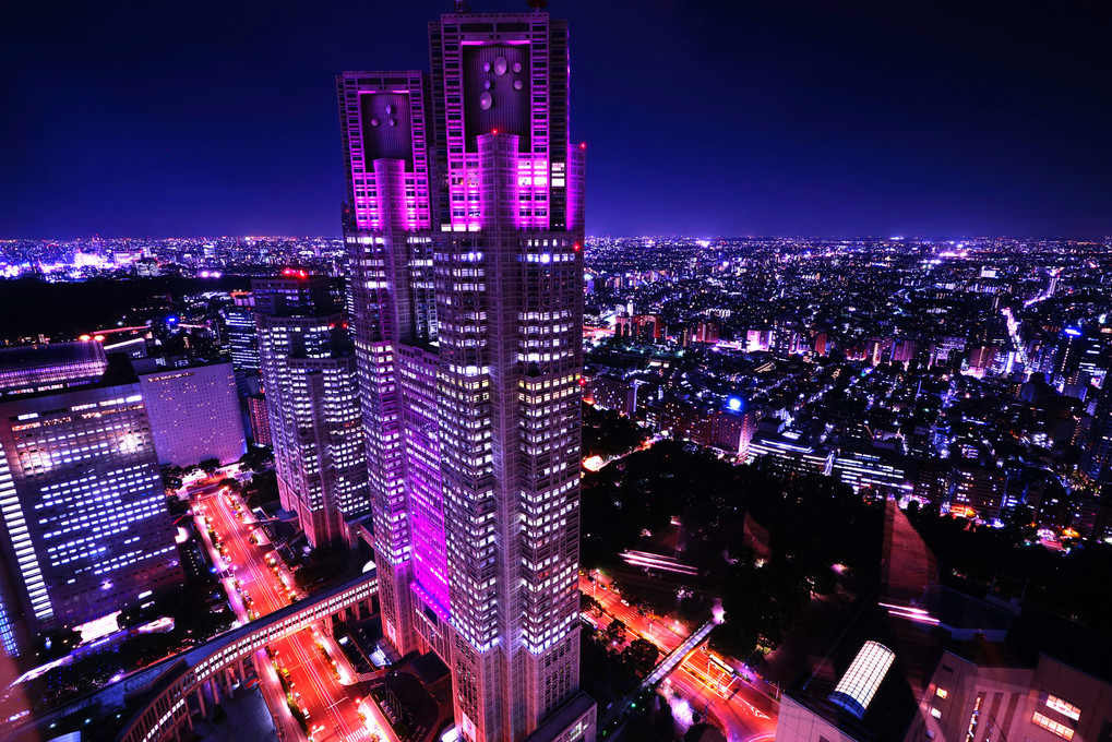 ピンクの都庁と都内夜景