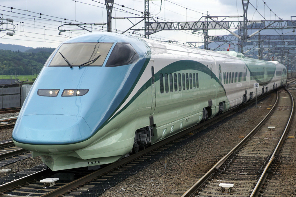 先行列車に追いつき停車する東北新幹線をゆく『とれいゆ』