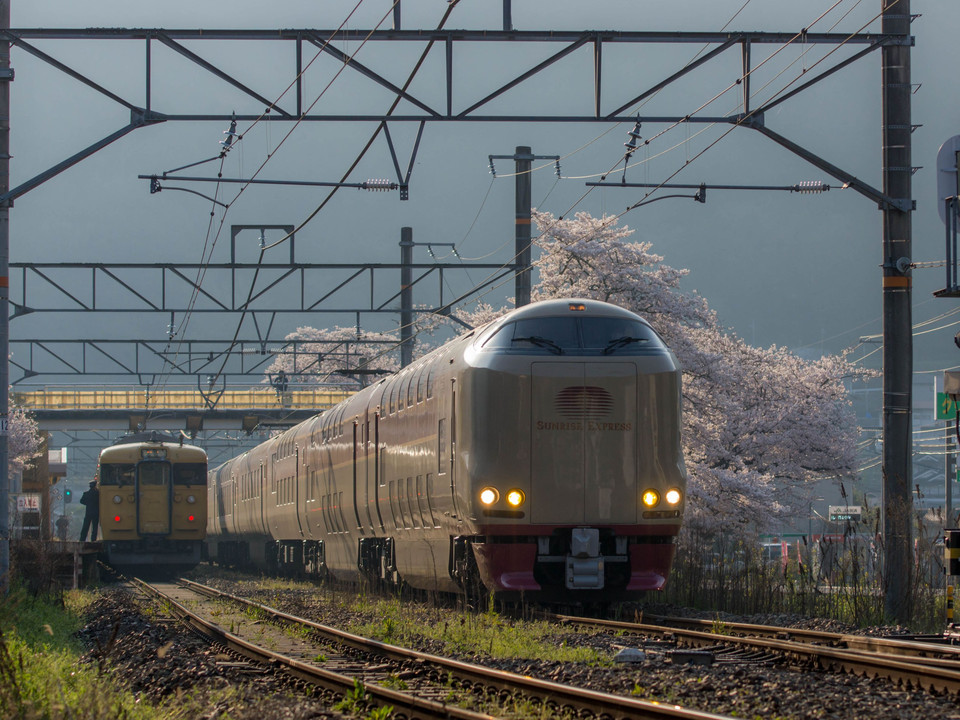 伯備線　木野山駅の桜とサンライズ