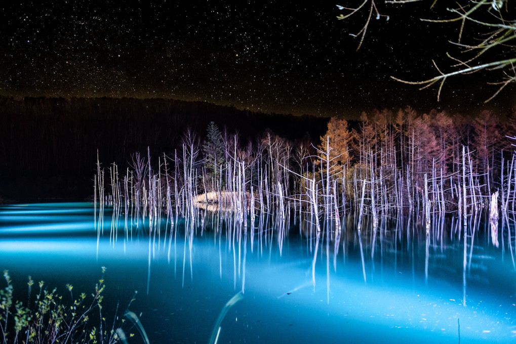 Illuminated blue pond