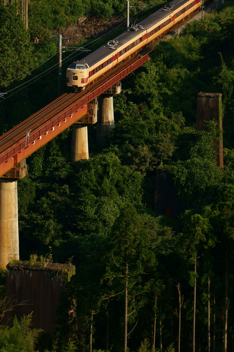 山間を走る列車を俯瞰する