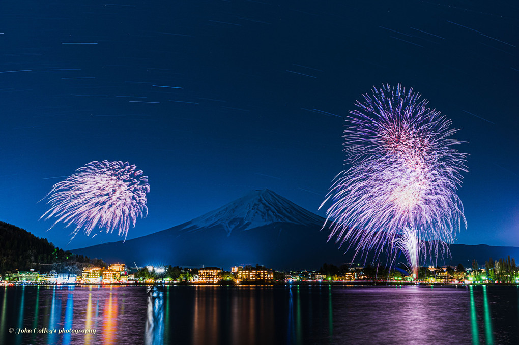 月明かりのない河口湖の花火で挑戦してみた😁