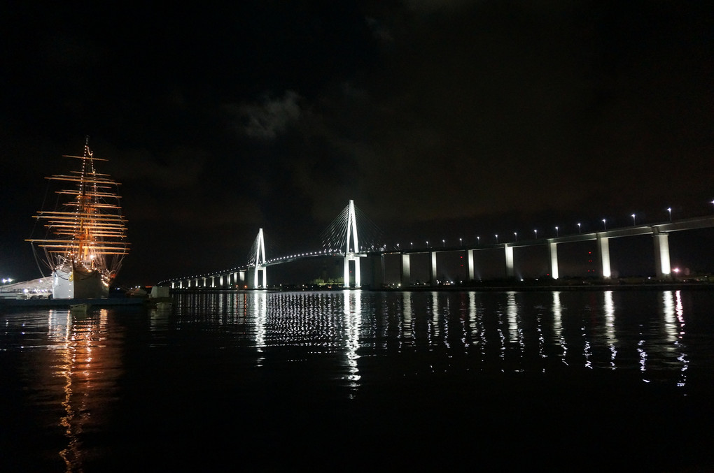 新湊大橋と帆船海王丸の夜景