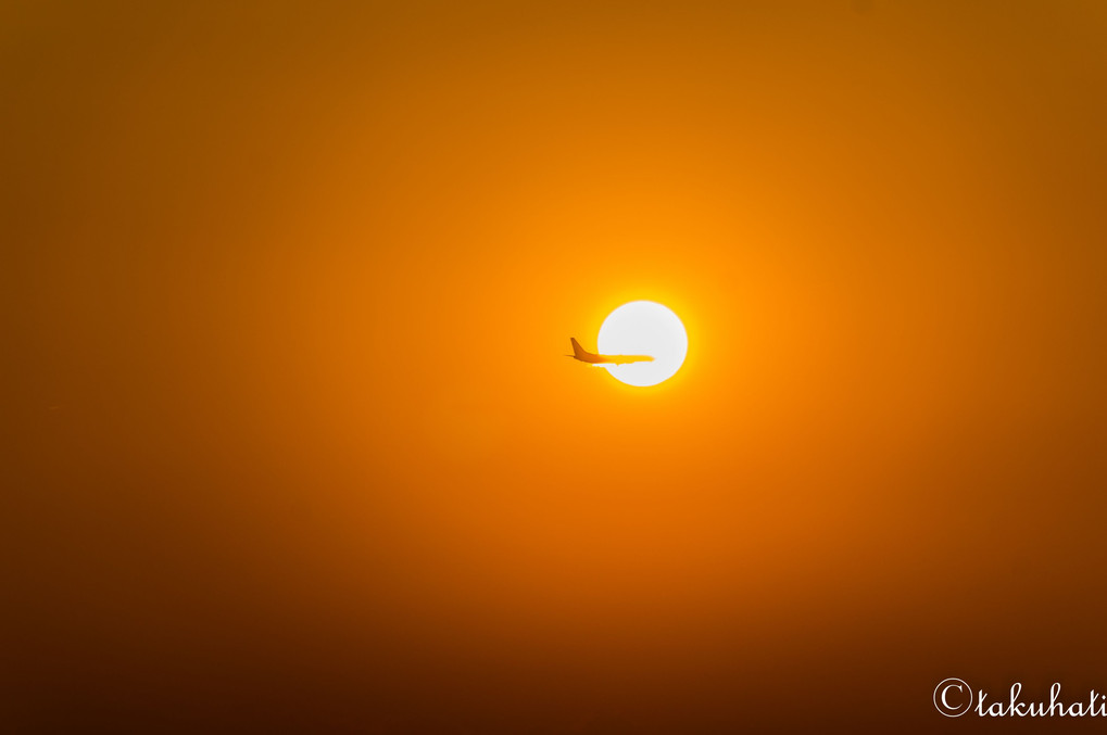沈みゆく太陽と横切る飛行機