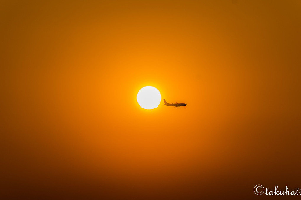 沈みゆく太陽と横切る飛行機