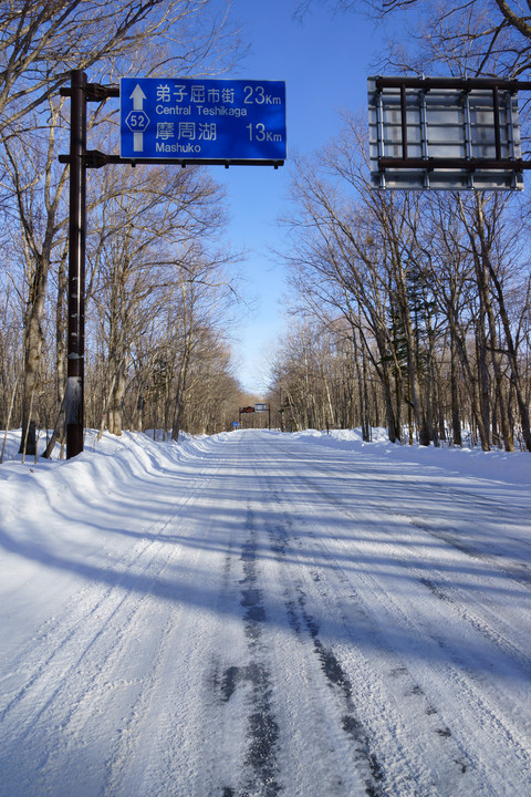 雪と青空に包まれた一本道