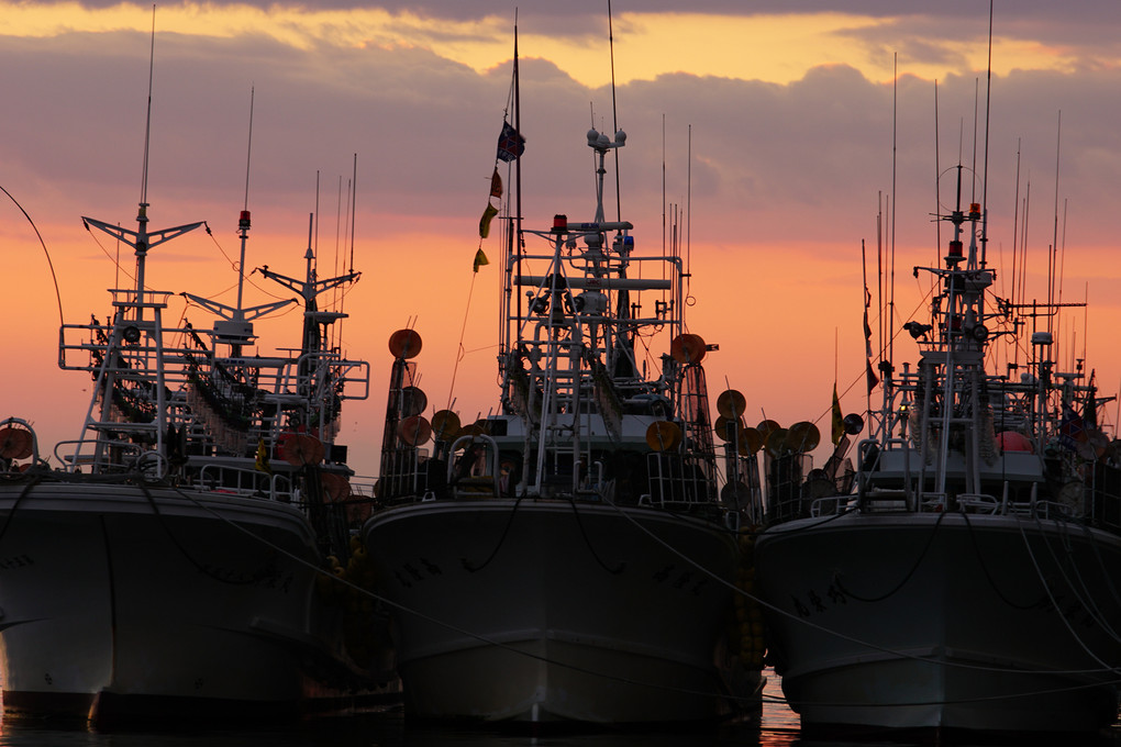 夕空に浮かぶ漁船