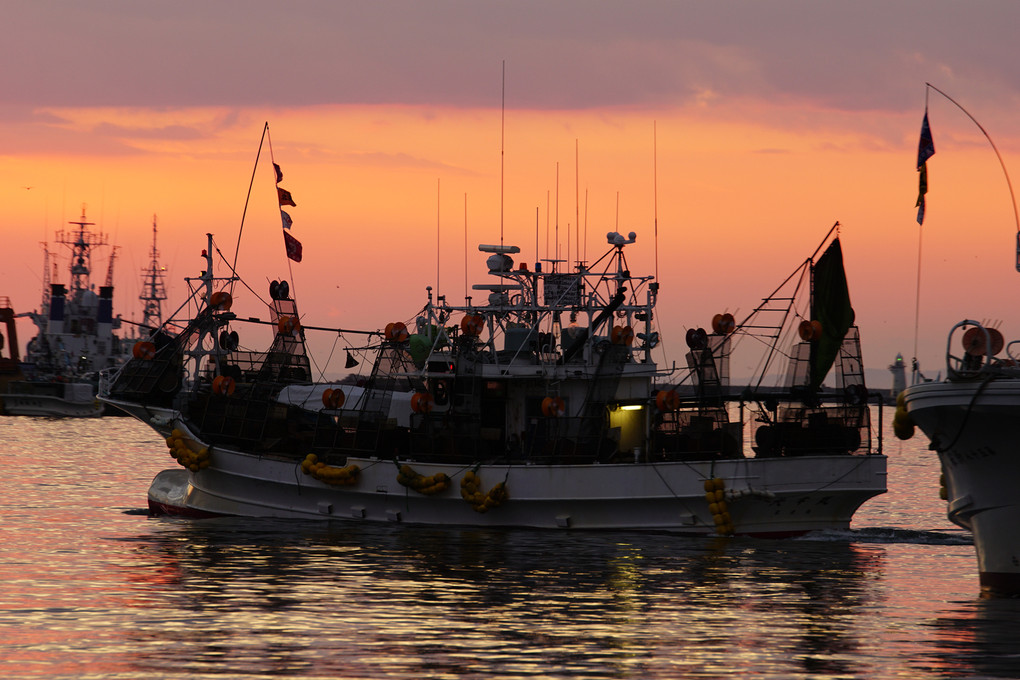 夕空に浮かぶ漁船