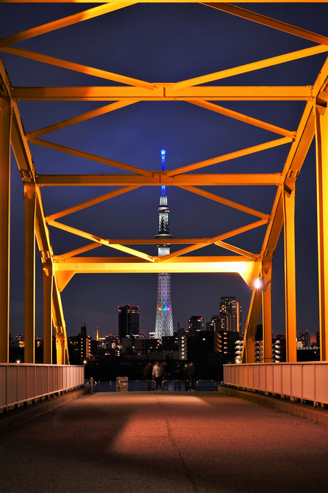黄色いアーチ橋からの東京スカイツリー