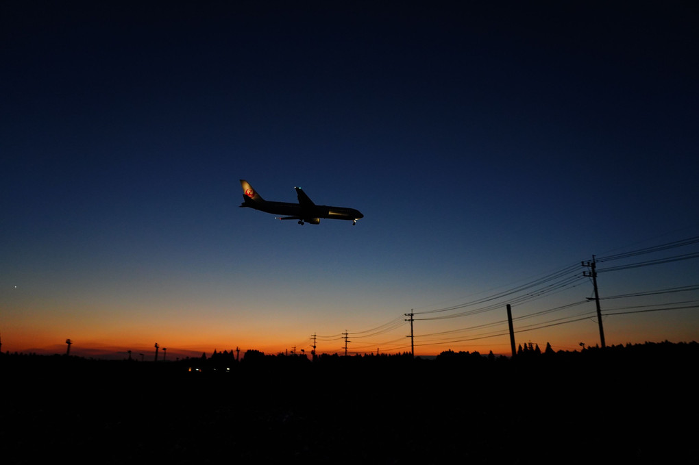 夕景の中の着陸機