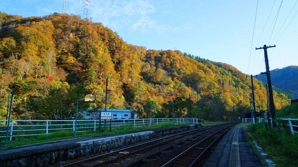 秋の山間の鉄路