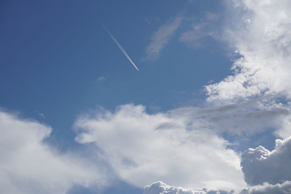 低い曇からの飛行機雲