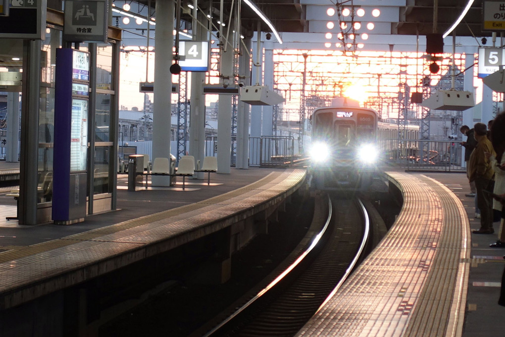 帰路・・・夕日の当たる電車待ち