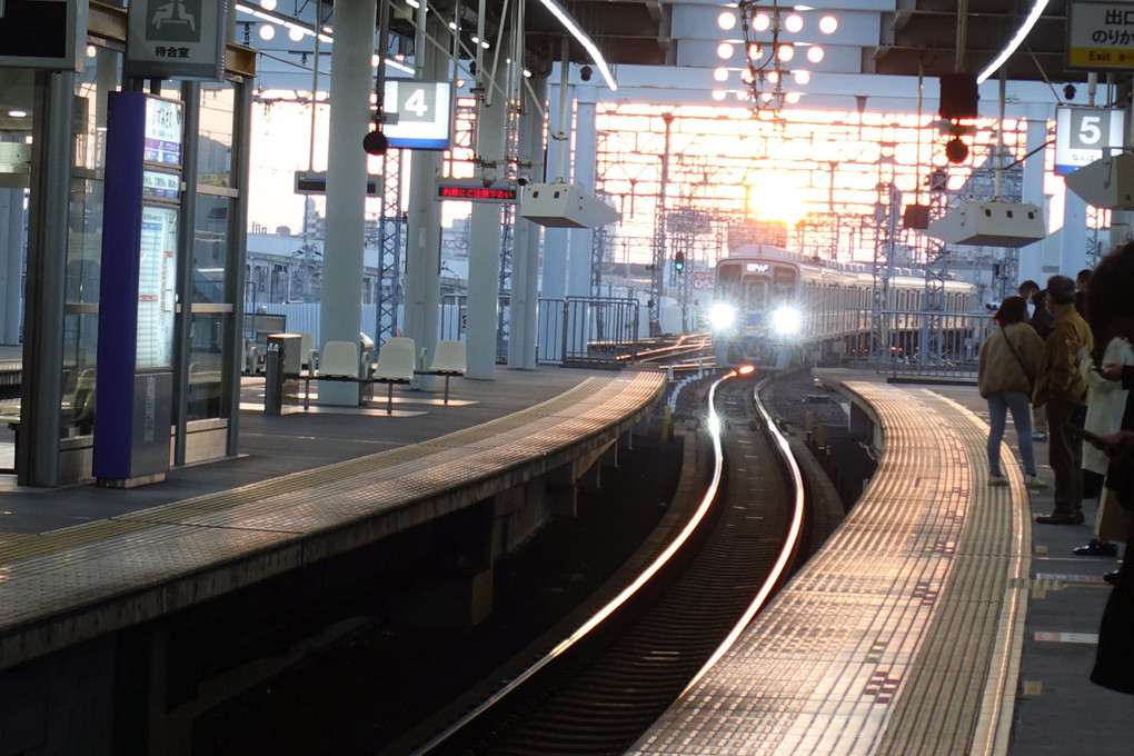 帰路・・・夕日の当たる電車待ち