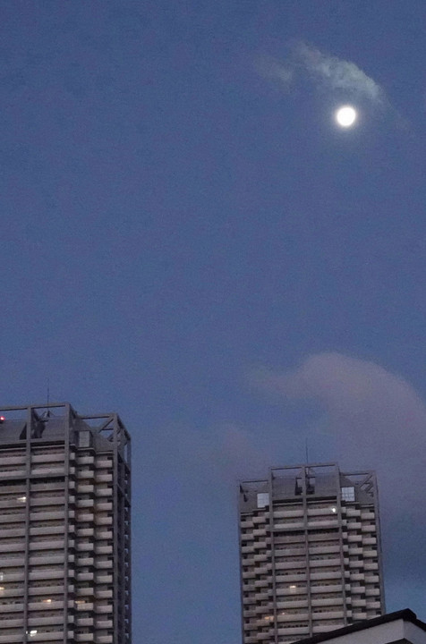今朝の空、ツインタワーを照らすお月さん